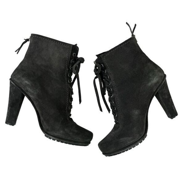 Miu Miu Booties Lace Up Suede Leather Ankle Boots Block High Heel Round Toe 39 - Picture 8 of 16
